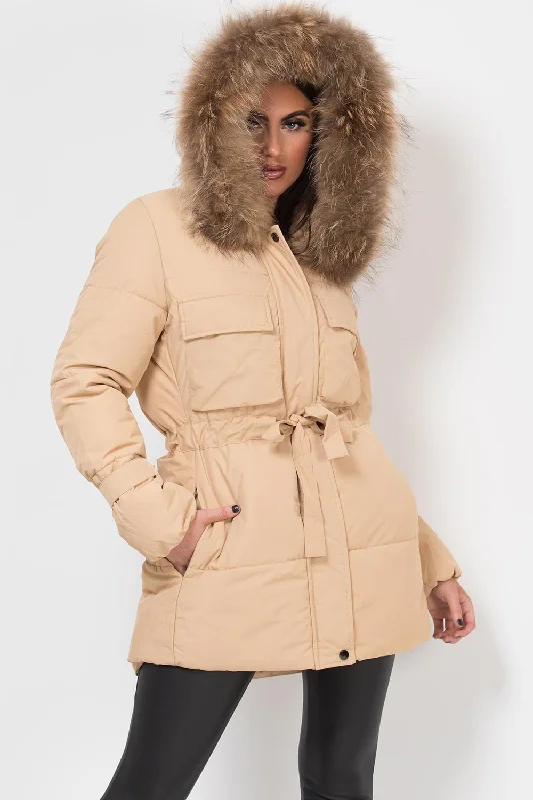 Unbeatable Prices Real Fur Hood Coat With Drawstring Waist Beige