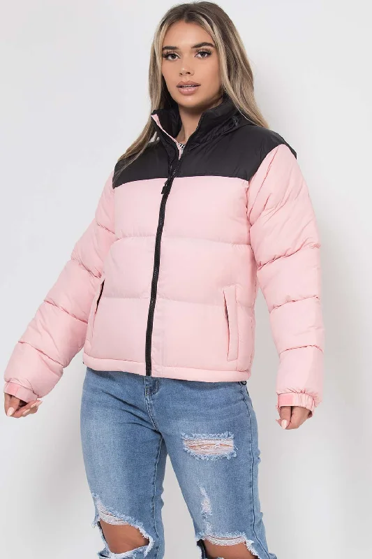 Overstock Puffer Jacket Pink And Black Colour Block