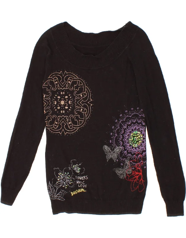 DESIGUAL Womens Graphic Boat Neck Jumper Sweater UK 12 Medium Black Floral