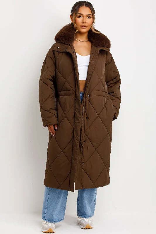 Long Puffer Quilted Coat With Fur Collar Brown