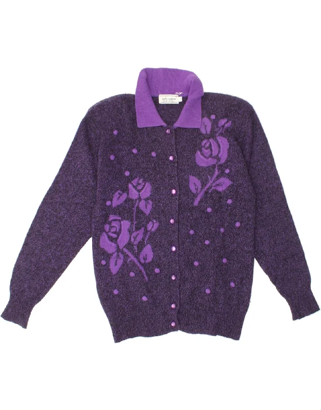 VINTAGE Womens Cardigan Sweater UK 14 Medium Purple Floral Lambswool