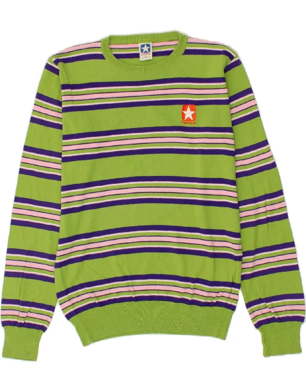 Super Deal CONVERSE Womens Crew Neck Jumper Sweater UK 16 Large Green Striped Cotton
