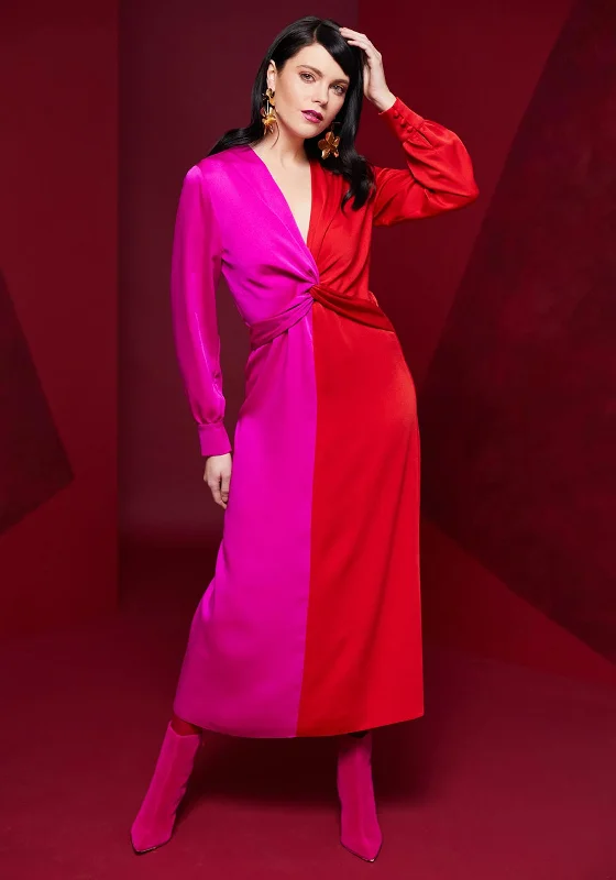 Kate Cooper Two Tone Twist Waist Detail Maxi Dress, Red & Pink