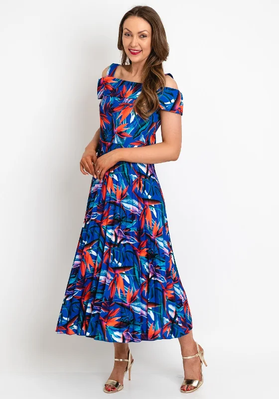 Coco Doll Floral Print Pleated Midi Dress, Royal Blue & Orange