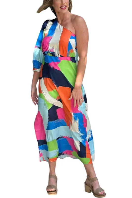 One Shoulder Column Dress In Multi Brush