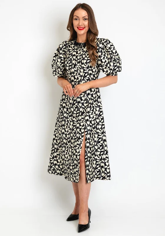 Exquise Puff Sleeve Printed A Line Dress, Black & Cream