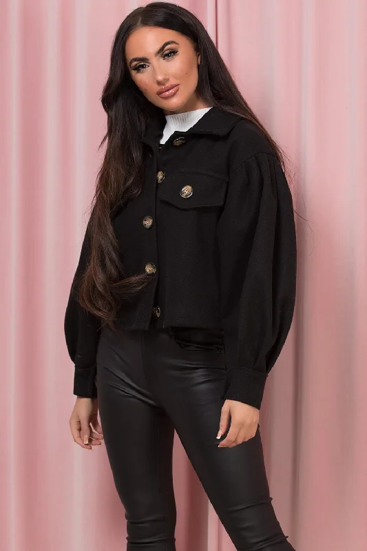 Today Only Black Cropped Shacket Jacket With Puff Sleeves