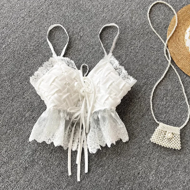 Weekend Special sweet lace V-neck tie short design trendy top     S4598
