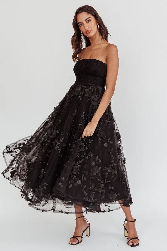 Discount Days Fayette Strapless Mesh Midi Dress Embellished Black