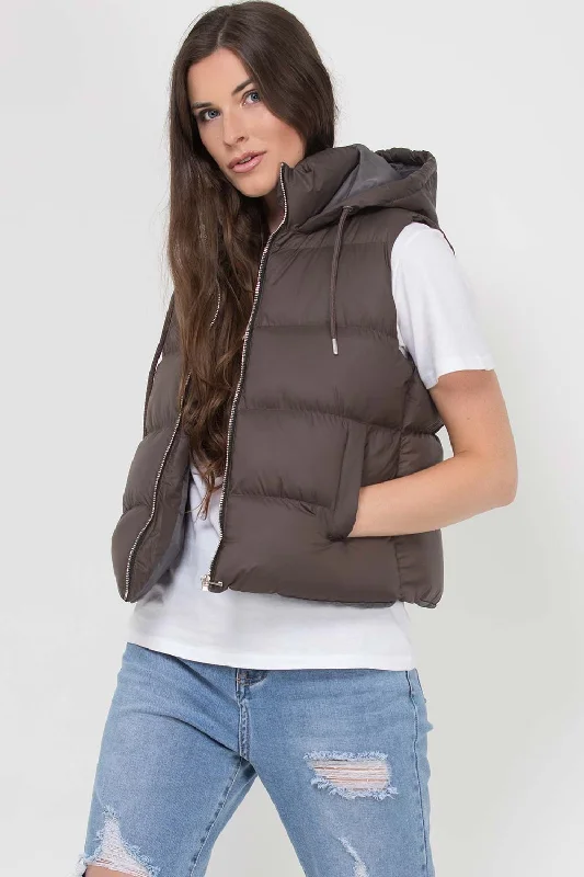 Massive Deals Hooded Puffer Gilet Sleeveless Jacket Chocolate Brown