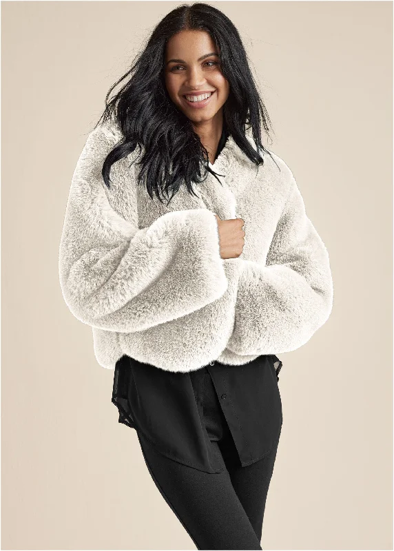 Instant Savings Cropped Faux Fur Coat - Off White