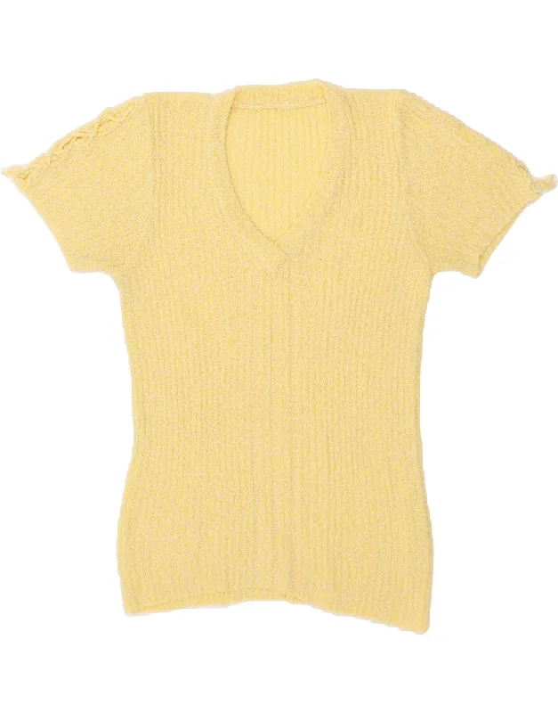 VINTAGE Womens Short Sleeve V-Neck Jumper Sweater UK 12 Medium Yellow