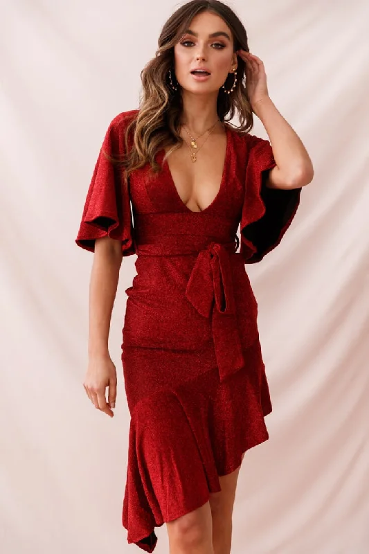 Special Promotion Sorry Not Sorry Asymmetrical Hem Dress Red