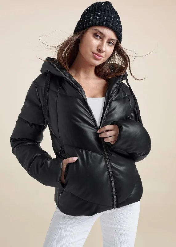 Warehouse Sale Faux Leather Puffer Jacket - Black