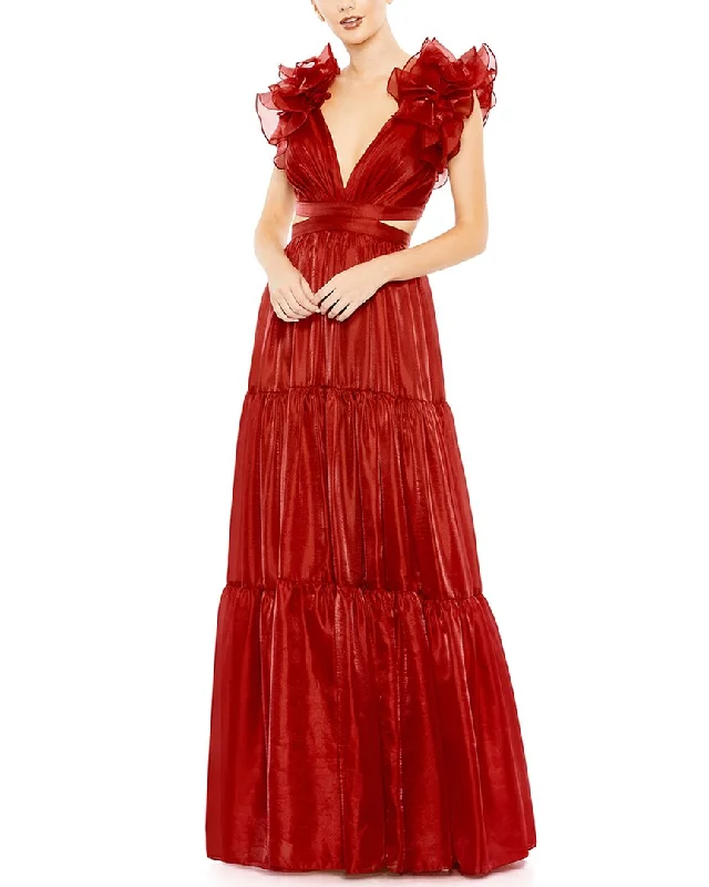 Bonus Savings Mac Duggal Ruffled Shoulder Cutout Soft Tie-Back Tiered Gown