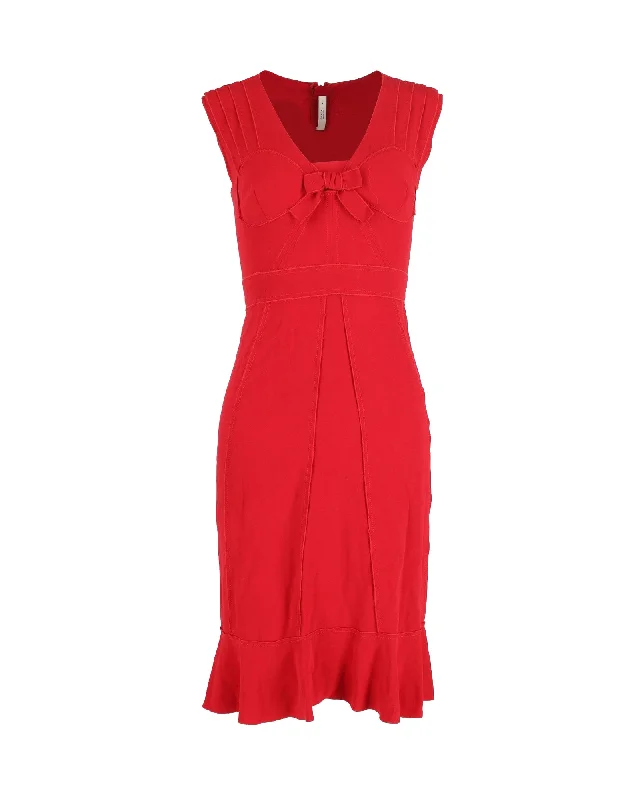 Prada V-neck Bow Midi Dress in Red Acetate