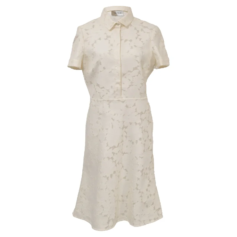 Valentino Garavani Midi Collared Floral Lace Dress in White Cotton