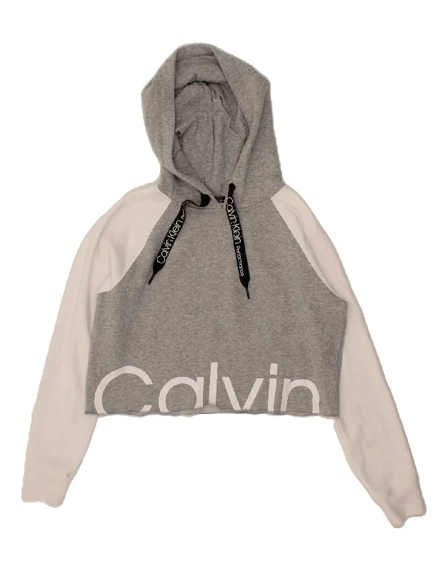 CALVIN KLEIN Womens Graphic Crop Hoodie Jumper UK 10 Small Grey