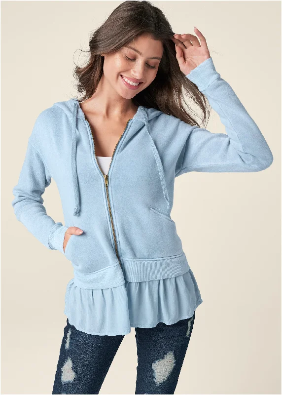 Final Clearance Ruffle Hem Lounge Jacket - Light Blue