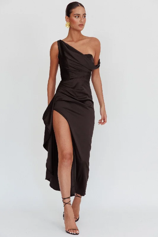 Can't Miss Sensations Off Shoulder Satin Maxi Dress Black