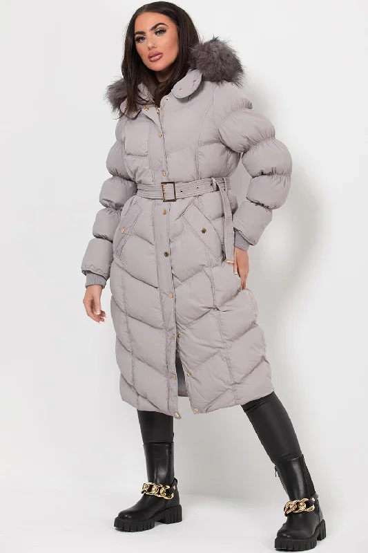 Special Offer Long Puffer Coat With Fur Hood And Belt Grey