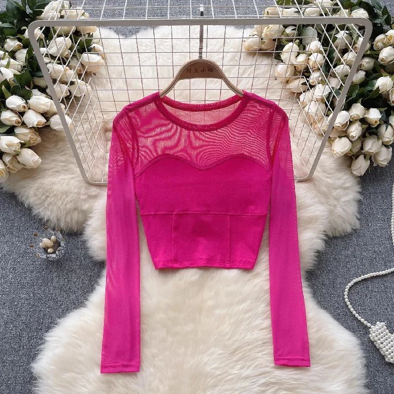 Year-End Sale long-sleeved T-shirt for women mesh short design top trendy    S4535