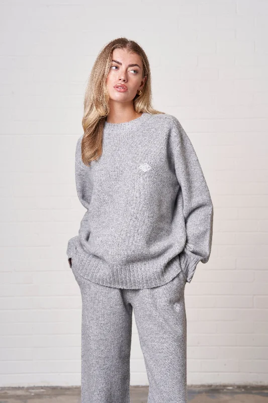 Limited Stock FLUFFY KNIT EMBLEM EMBROIDERED CREW - GREY MARL