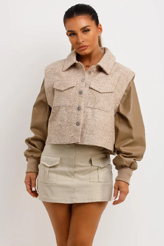 Tweed Bomber Jacket With Faux Leather Sleeves Beige