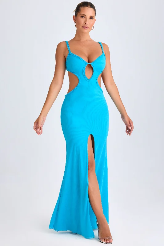 Limited Availability Ruffle-Appliqué Cut-Out Maxi Dress in Aqua Blue