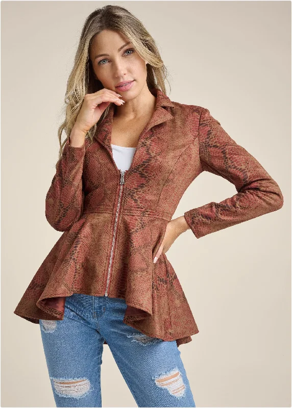 Super Bargain Python Print Hi-Low Faux Suede Jacket - Tan Multi