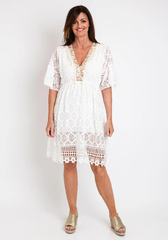 Serafina Collection One Size Laser Cut Lace Dress, White