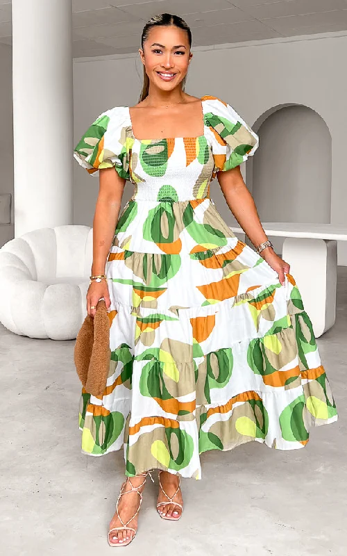 Final Clearance Sabah Midi Dress - White Green Print