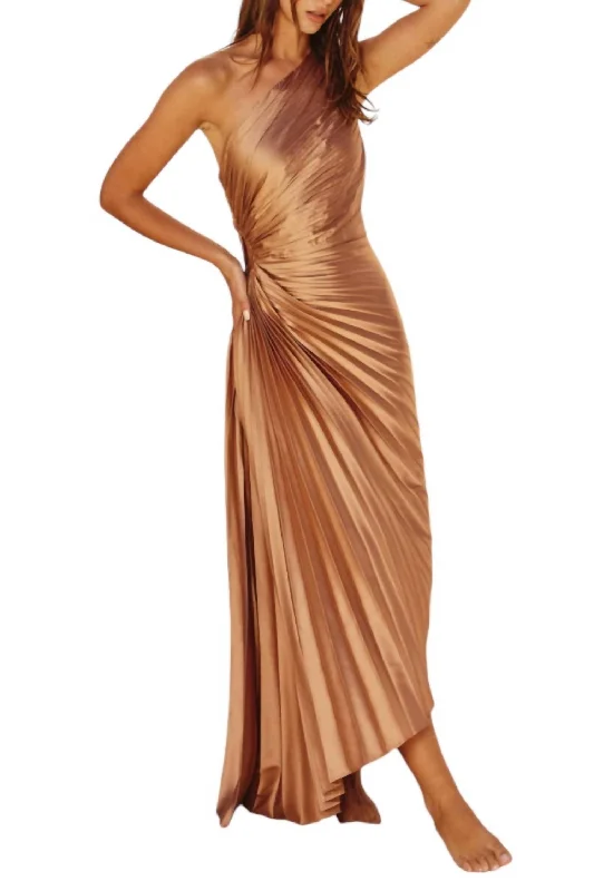 Asymmetrical Pleated Maxi Dress In Golden Sand