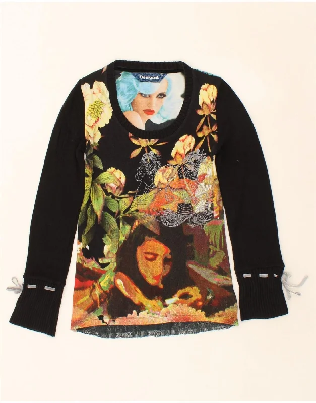 DESIGUAL Womens Graphic Boat Neck Jumper Sweater UK 10 Small Black Floral