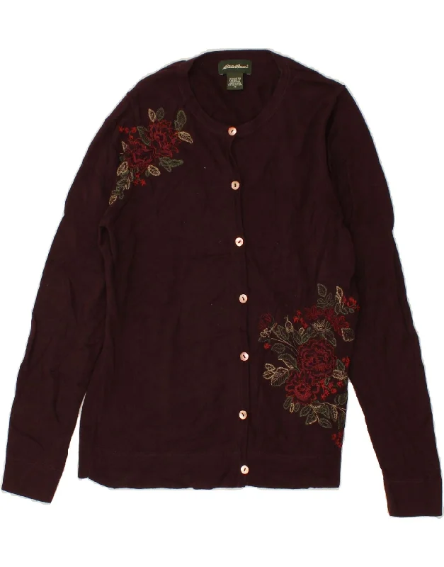 Bargain Bin EDDIE BAUER Womens Cardigan Sweater UK 14 Medium Maroon Floral Cotton