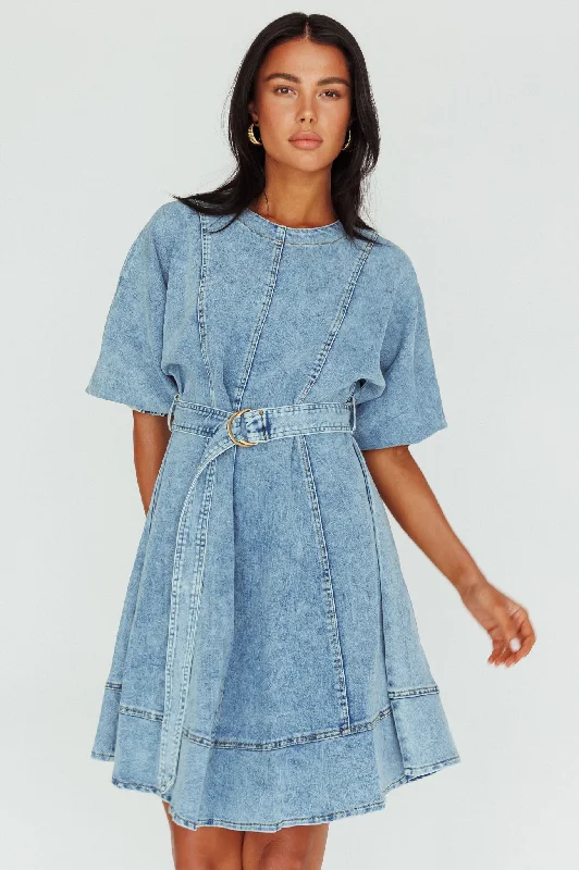 Cadijah Puff Sleeve Belted Mini Dress Denim Blue