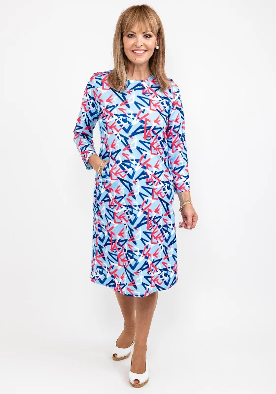 Stock Clearance Leon Collection Shape Print Shift Dress, Light Blue Multi