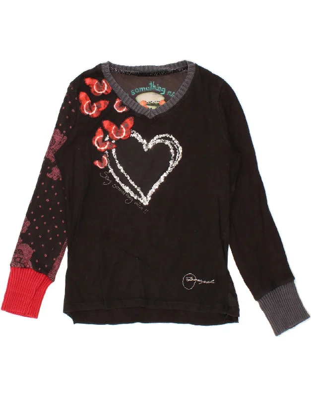 Act Fast DESIGUAL Womens Graphic V-Neck Jumper Sweater UK 14 Medium Black Cotton