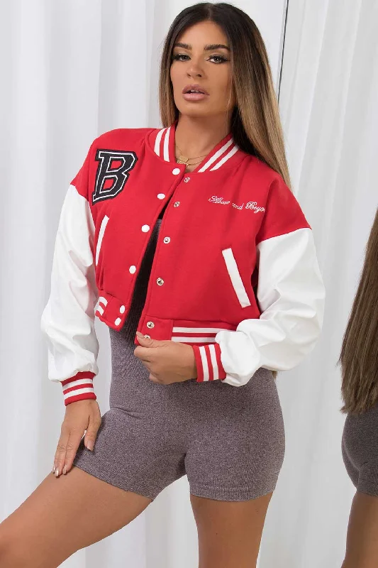Super Savings PU Sleeve Varsity Bomber Cropped Letterman Jacket Red