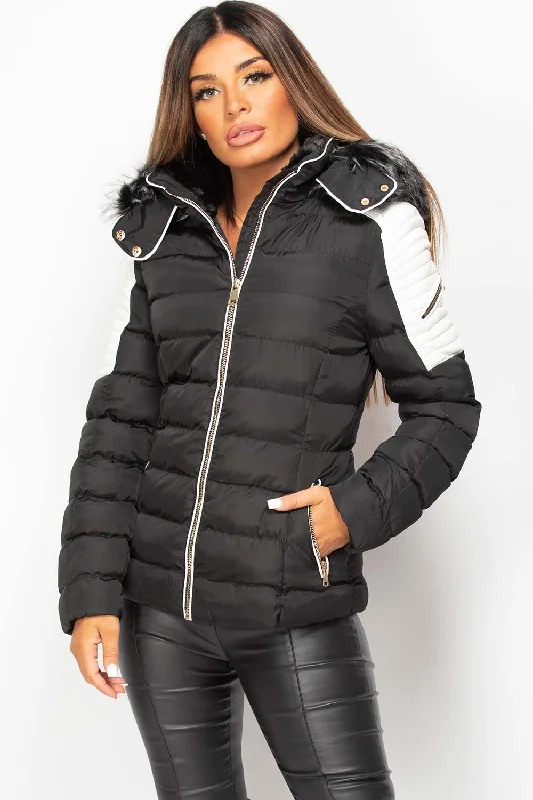 Sale Event Puffer Coat With Faux Fur Hood Black And White