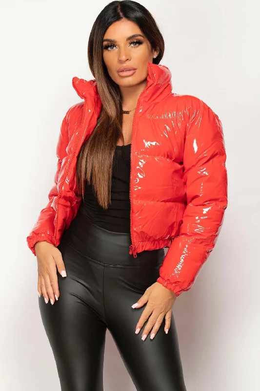 New Markdowns Red Shiny Vinyl Puffer Jacket Cropped