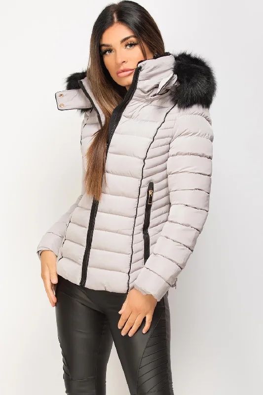 Daily Deals Grey Puffer Jacket With Faux fur Hood And Quilted Detail