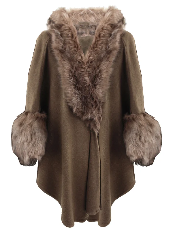 Weekend Deal Taupe Brown Faux Fur Cape Shawl