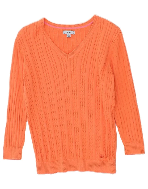 IZOD Womens V-Neck Jumper Sweater UK 14 Large Orange Cotton