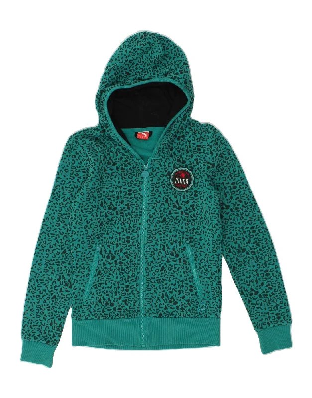Price Drop PUMA Womens Zip Hoodie Sweater UK 6 XS Green Animal Print Cotton
