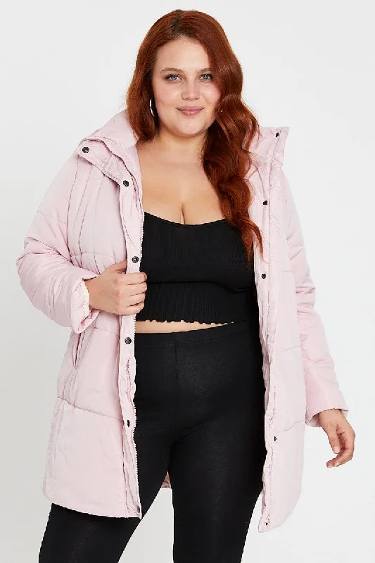 Pink Puffer Jacket Long Sleeve Zip Front Longline