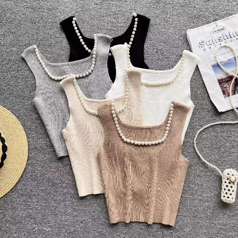 Super Deal Square neck sleeveless beaded pleatedfor women knitted chic top     S4622