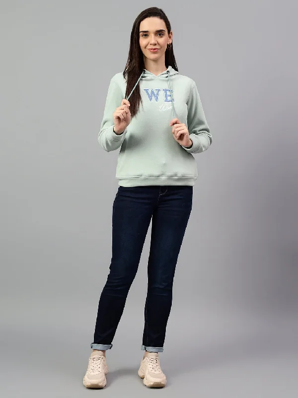 Season Finale Sale Women's Aqua Blue Printed Hoody Neck Sweatshirt