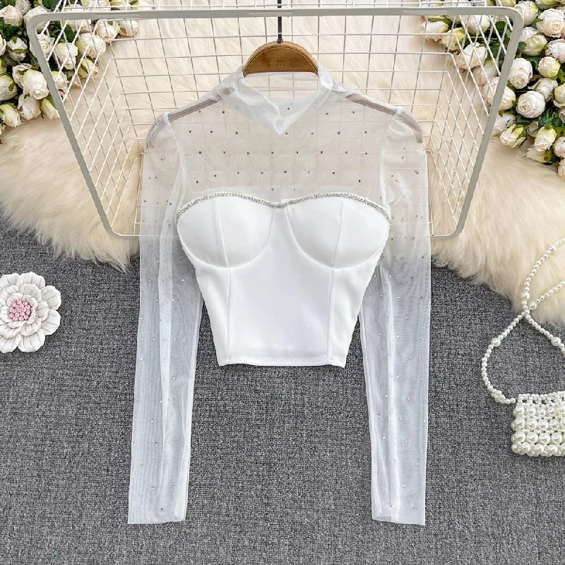 Super Sale mesh beaded shirt for women fashionable and chic short top        S4249