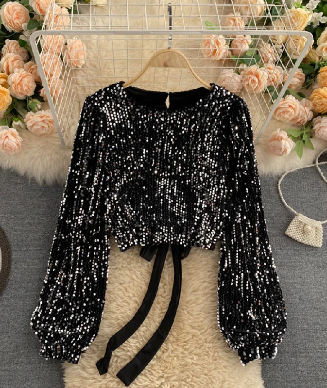 Instant Discount Shiny Long Sleeve Sequins Tops Open Back Tops      S4392